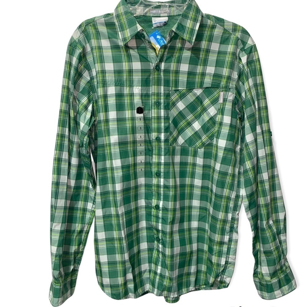 𝅺COLUMBIA Men’s Insect Blocker Long Sleeve Green Plaid Shirt Size Small NWT